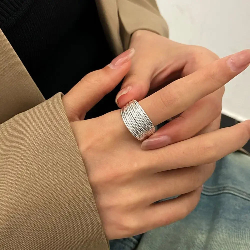 luckacco minimalist silver color multilayer lines rings for women modern fashion female finger-rings versatile jewelry bulk