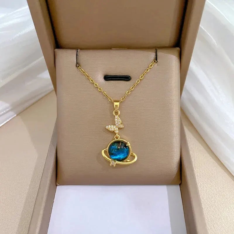 luckacco light luxury titanium steel star series necklace for women gold color planet moon astronaut pendant necklaces jewelry gifts