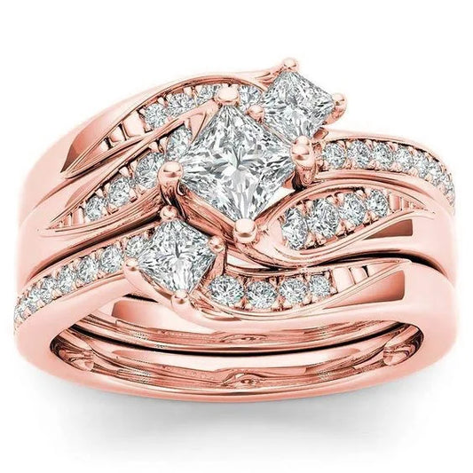 Luckacco Elegant Rose Gold Silver Gold Color Inlaid with White Zircon Rings Set Fashion Party Engagement Wedding Rings for Women Jewelry
