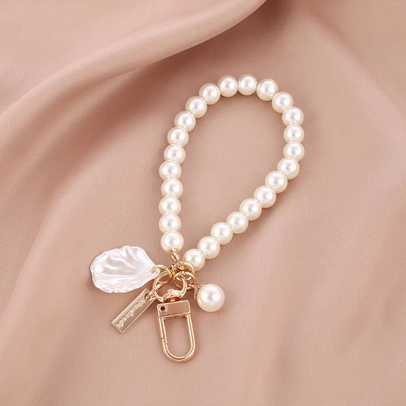 luckacco picks cute pearl keychain for women girls shiny pearl bead shell phone bag backpack charm accessory car key key chain pendant