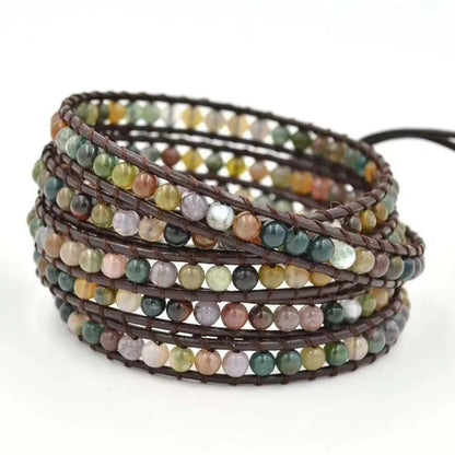 Luckacco Milangirl Bohemia Jewelry Bracelets 6MM Matte Stone Wrap Leather Bracelets Vintage 3 Strands Multilayer Woven