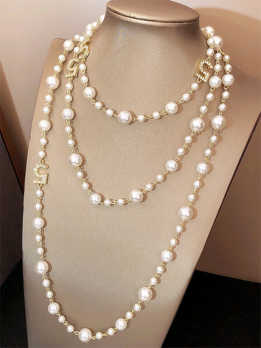 Luckacco Long Pearl Letter Multi layered Tassel Sweater Chain Necklace Jewelry For Women
