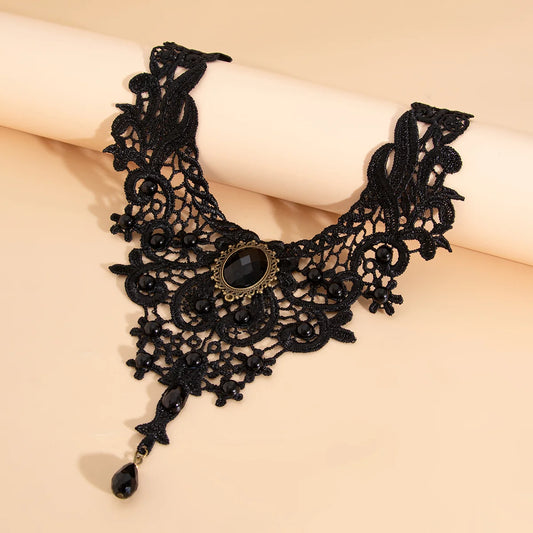 Luckacco Fashion New Vintage Gem Black Lace Bead Necklace Gothic Steampunk Style Stonego Gothic Collar Necklace Pendant