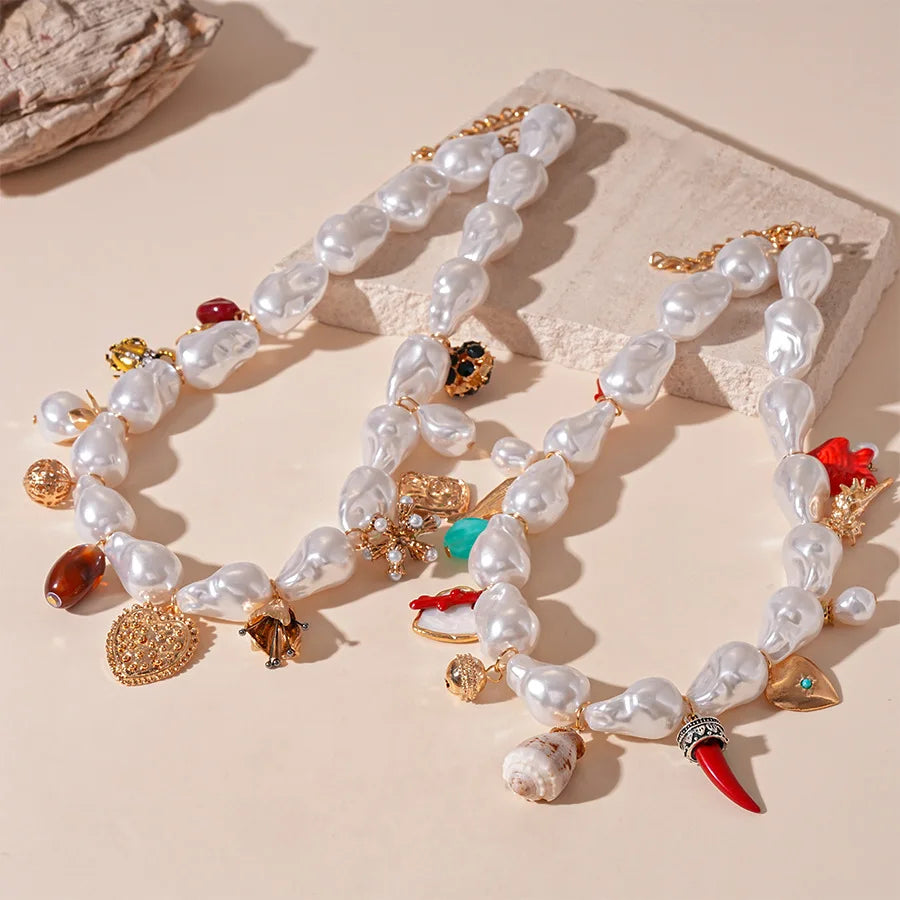 luckacco zaa baroque pearl chain necklace shell conch heart pendant necklace for women bohemian beach vacation neck accessories