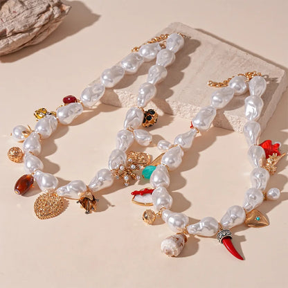 Luckacco ZAA Baroque Pearl Chain Necklace Shell Conch Heart Pendant Necklace for Women Bohemian Beach Vacation Neck Accessories
