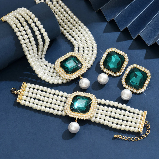 Luckacco Women's Fashion Light Luxury Short Style Imitation Pearl Rhinestone Necklace Earrings Bracelet Jewelry Set Party Festival Gift