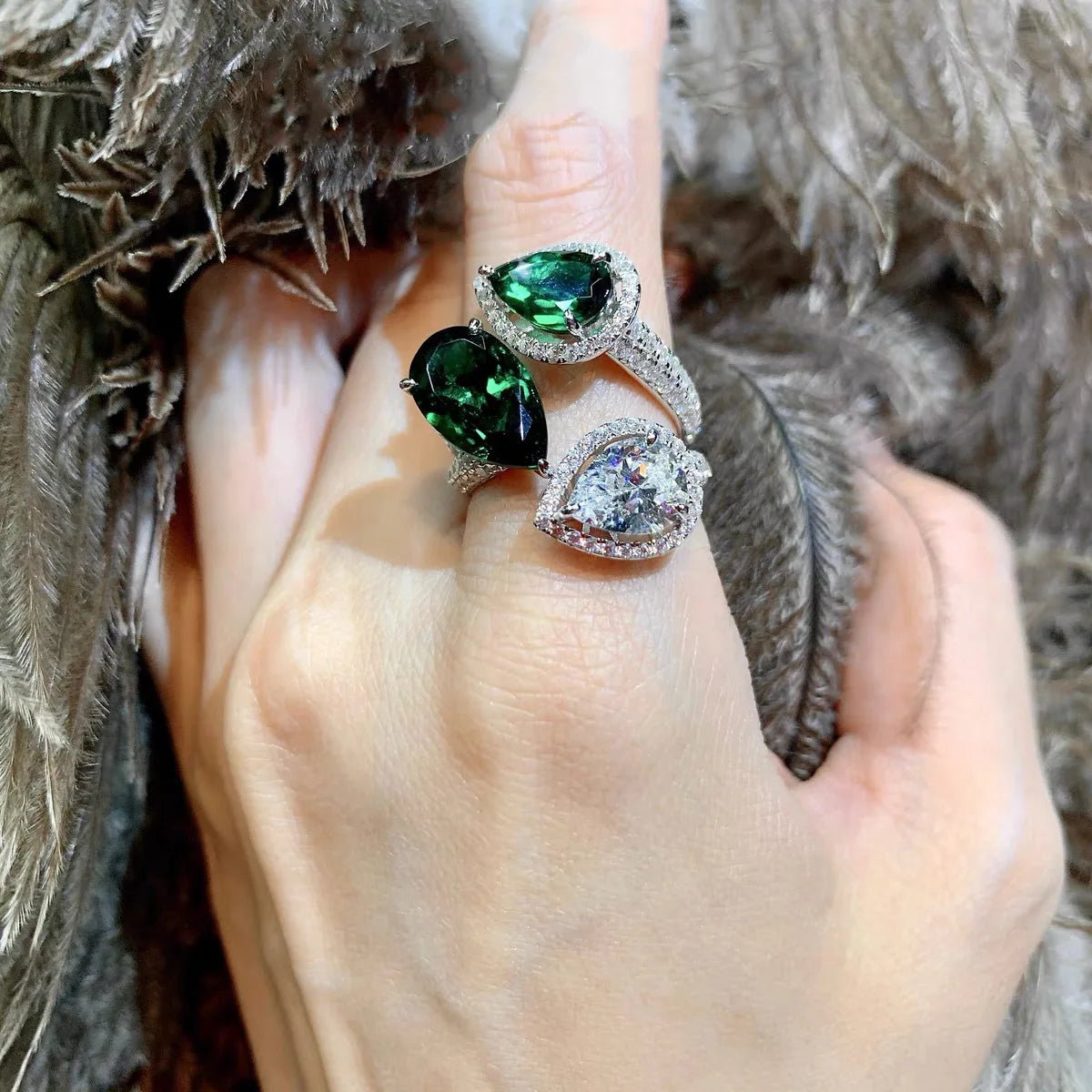 luckacco luxury water drop lab emerald sapphire open ring exquisite silver 925 banquet finger rings valentine's day gifts