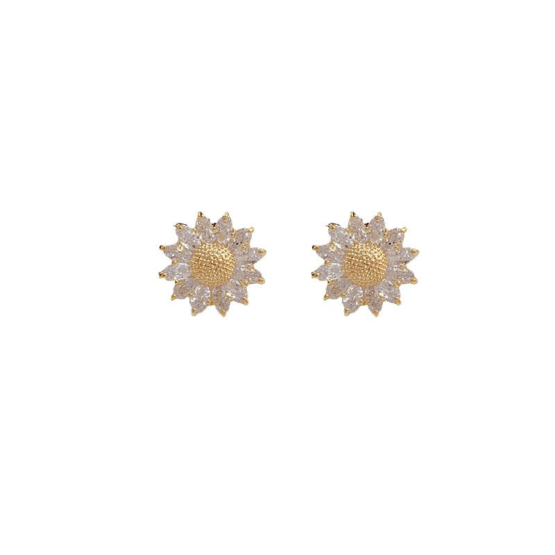 Korean Fashion Sparkly Crystal Daisy Flower Earrings for Women Girl Gold Color Metal Sunflower Small Stud Earrings Party Jewelry - luckacco