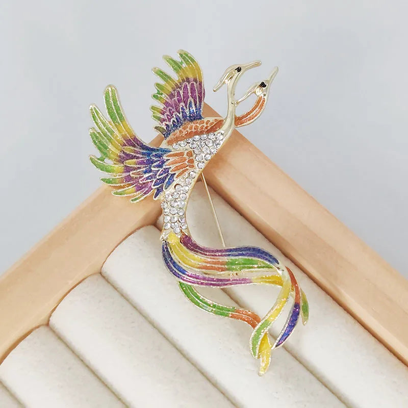 luckacco multicolor crystal phoenix brooch pin for women men enamel flying beauty bird party office accessories gifts