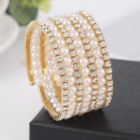 Luckacco Fahsion Crystal Imitation Pearl Bracelets For Women Multi Layer Wide Bracelets Crystal Rhinestones Bracelet Wedding Jewelry Gift