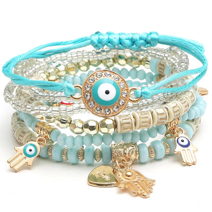 Luckacco 6Pcs/set Bohemian Evil Eye Bracelet Set For Women Fatima Hand Heart Charm Beaded Rope Chain Bangle Female Jewelry Gift