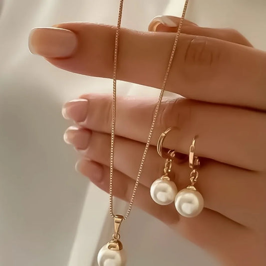 Luckacco Vintage Imitation Pearl Pendant Necklace Earring Set for Women Girl Gold Silver Color Chain Jewelry Simple Wedding Birthday Gift