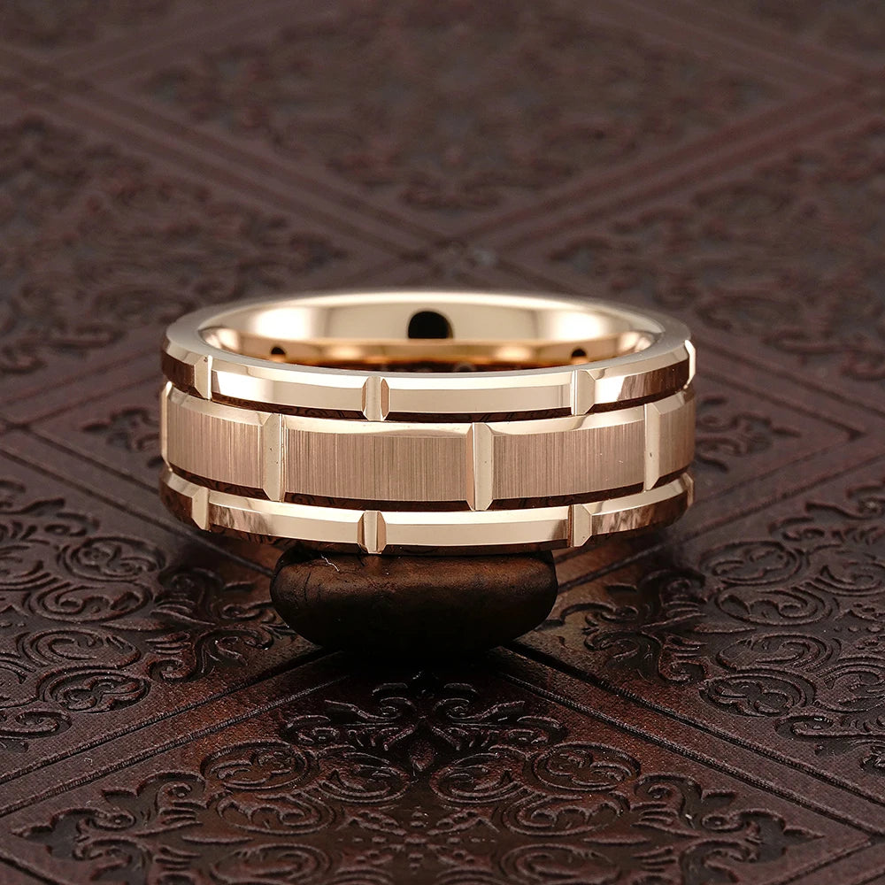 luckacco fashion men 8mm rose gold color stainless steel rings double groove pattern promise rings for men wedding jewelry accessories