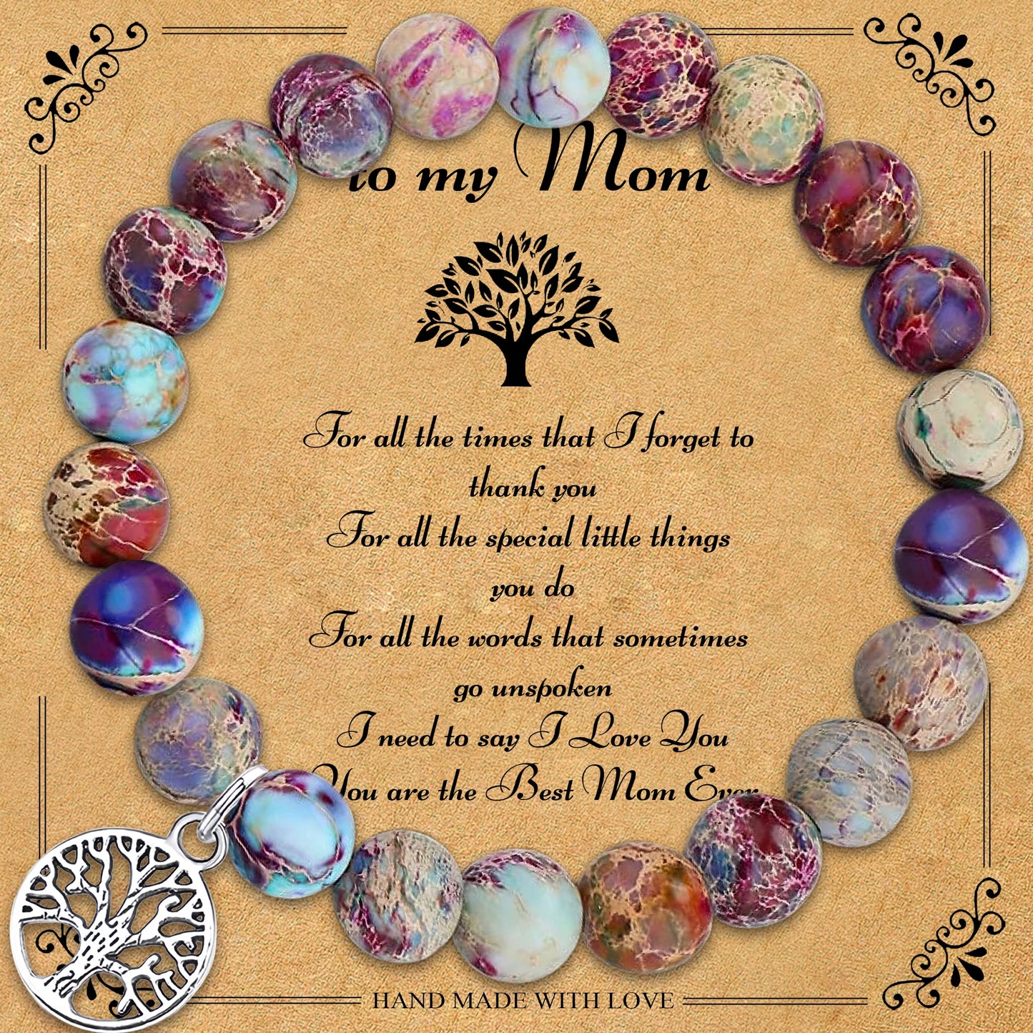 luckacco natural agate unique design tree of life beaded bracelet women's jewelry mom's christmas party favor with blessing card
