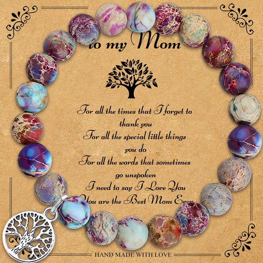 Luckacco Natural Agate Unique Design Tree of Life Beaded Bracelet Women's Jewelry Mom's Christmas Party Favor with Blessing Card