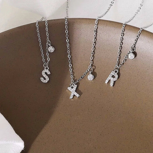 Luckacco 925 Sterling Silver Letter Necklace Shiny Zircon Letter Pendant Collar Chain Your Name Necklace Wedding Jewelry Birthday Gift