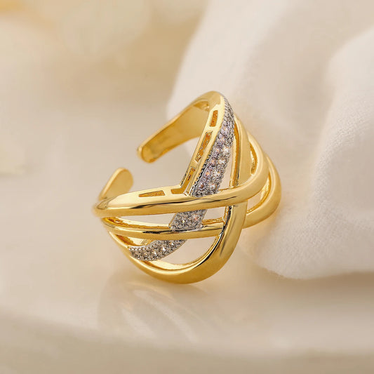 Luckacco 31styles Luxury AAA Cubic Zirconia Inlay Copper Wedding Jewelry Gold Color Statement Geometric Rings For Elegant Women