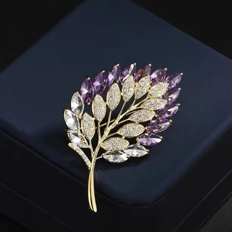 luckacco cute romantic colorful leaf brooches for women purple crysal plant brooch pin female party birthday dress suit badge jewelry