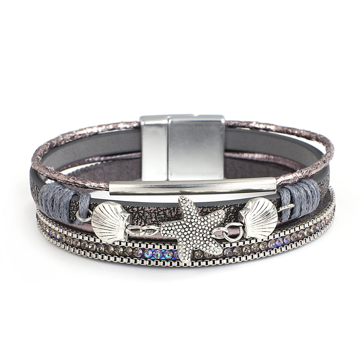 luckacco allyes charm starfish shell leather bracelet for women men boho metal tube crystal beads chain bracelets & bangles beach jewelry