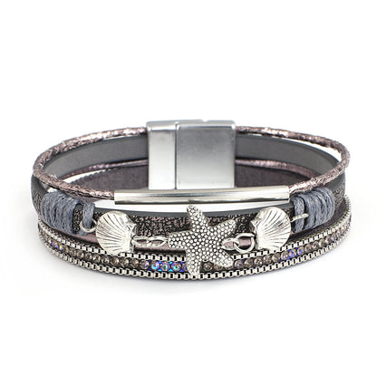 Luckacco ALLYES Charm Starfish Shell Leather Bracelet for Women Men Boho Metal Tube Crystal Beads Chain Bracelets & Bangles Beach Jewelry
