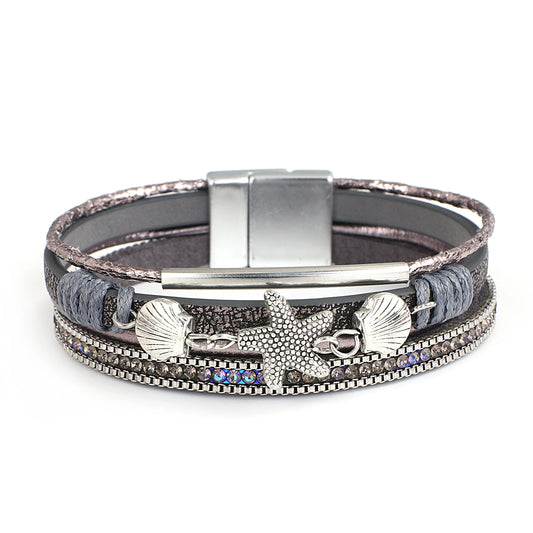 Luckacco ALLYES Charm Starfish Shell Leather Bracelet for Women Men Boho Metal Tube Crystal Beads Chain Bracelets & Bangles Beach Jewelry