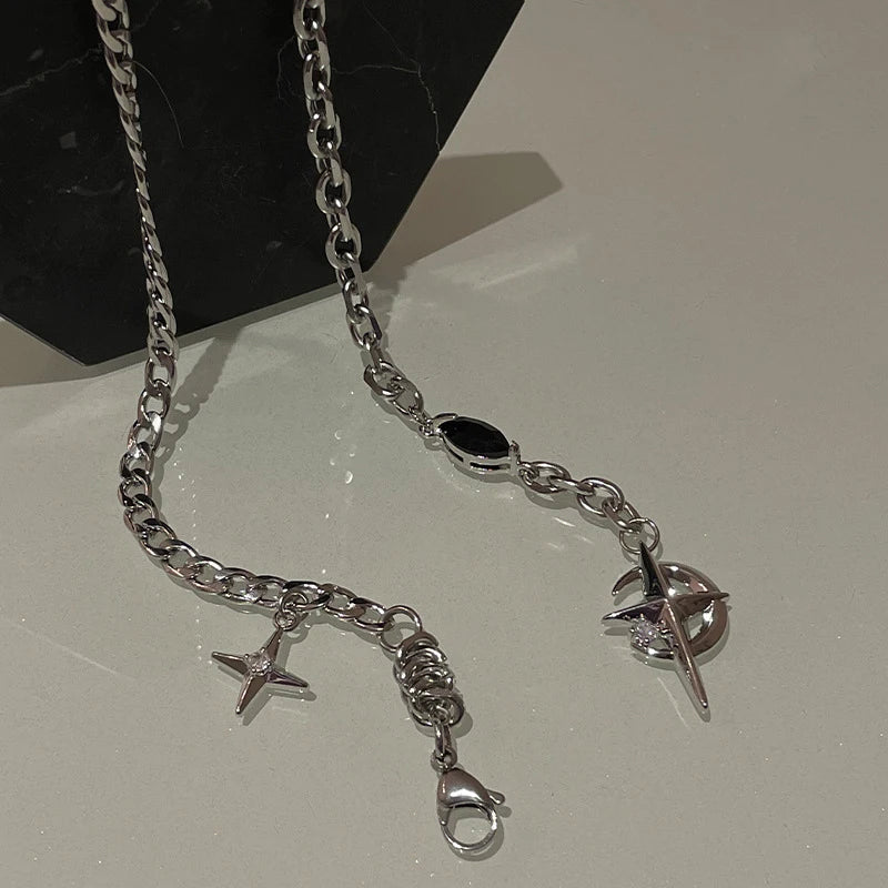 luckacco jwer new y2k cuban figaro chain star moon pendant necklace men punk black zircon chain choker necklace for men jewelry gifts