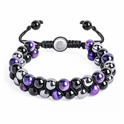Luckacco 8MM Natural Tiger Eye Stone Adjustable Bracelet Double Layer Hand Woven  Row Strand Beaded Bangles Couple Party Jewelry