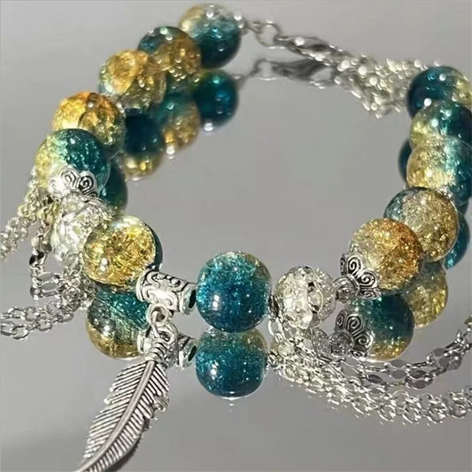 Luckacco Niche Design Starfish Chain Tassel Bracelet for Women Fantasy Gradient Blue Crystal Beads Elastic Rope Bracelet Student Jewelry