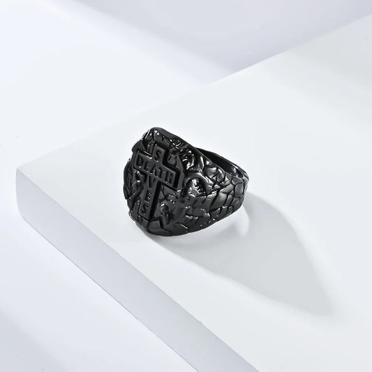 Luckacco Vintage Exorcism Saint Benedict Cspb Cross Ring Men Punk Amulet Christianity Rings Stainless Steel Jewelry Gift