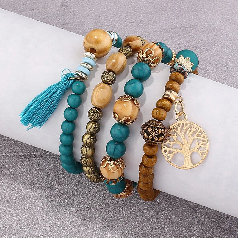 luckacco boho tree of life bracelet set for women fashion tassels charm wooden beads elastic chain bangle girl trendy party jewelry