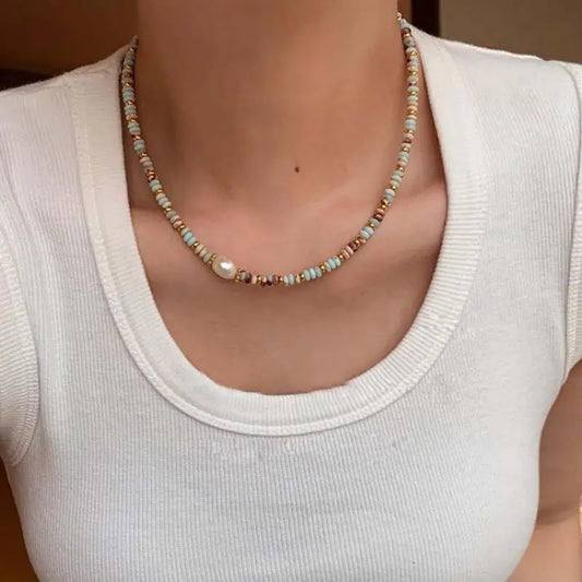 Luckacco 2024 New Trendy Natural Stone Freshwater Pearl Collar Chain Necklace Vintage Handmade Stylish Beads Jewelry Bijoux Gift