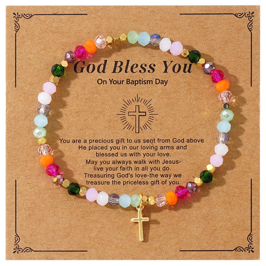 Luckacco Cross Square Crystal Beads Bracelet for Women Boho Natural Stone Stretch Beach Jewelry Multi-Color Religious Baptism Jewelry