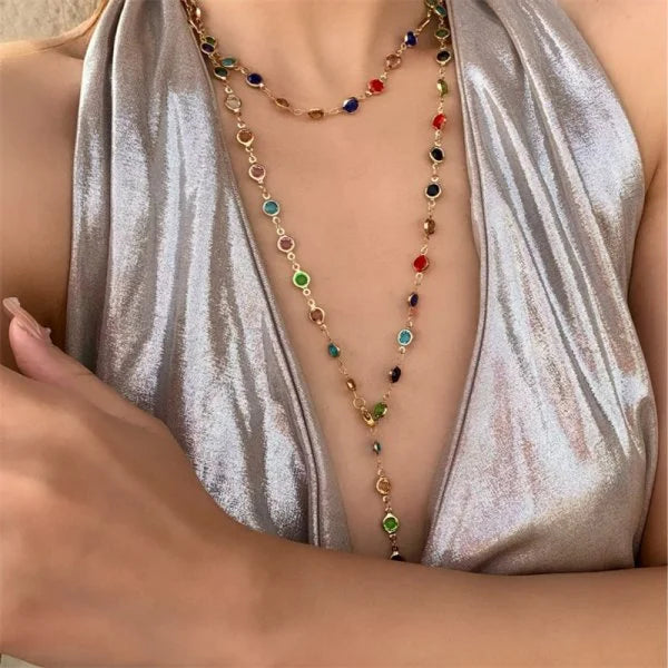 luckacco trendy gold silver color glass long y-shaped necklace metal collarbone chain summer holiday party bohemian body jewelry gifts