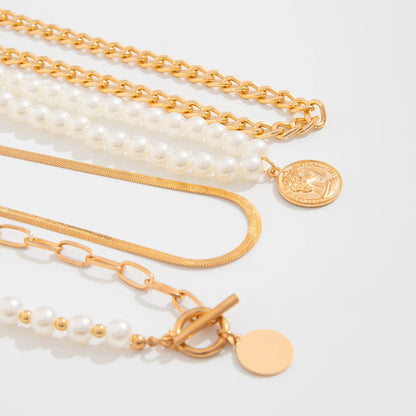 Luckacco Boho Gold Color Metal Round Pendant Necklace 2025 Women's Multi Layer Sweet Imitation Pearl Snake Chain Girls Fashion Jewelry