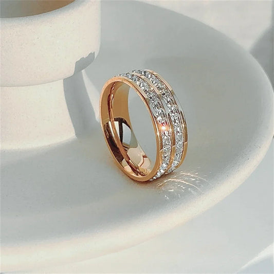 Luckacco Luxury Rose Gold Double Rowed Square Zircon Stainless Steel Ring Women's Romantic Engagement Wedding Party Jewelry Women Gift