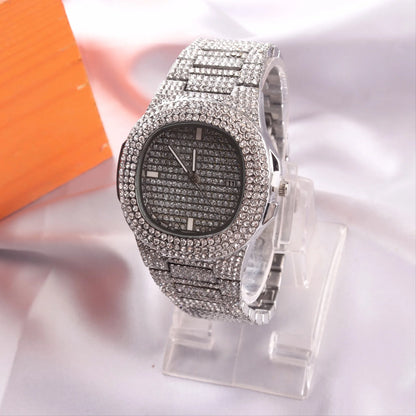 Luckacco Golden Quartet Quartz Watch Stylish Square Full Star Set Steel Band Calendar Men's Women's Wristwatch