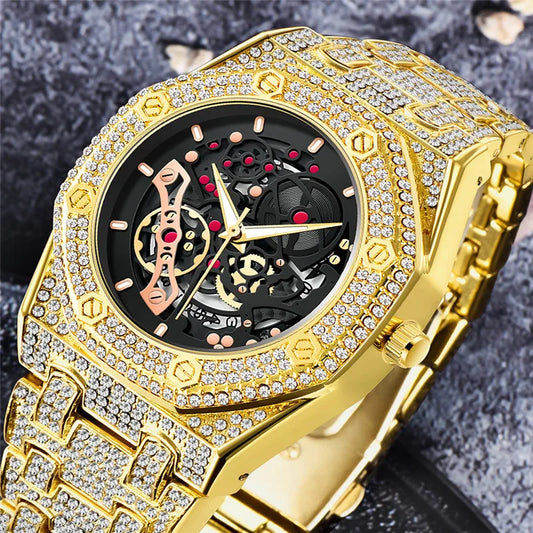 Luckacco Luxury Genuine Brand Watches For Men Hip Hop Diamond Fashion Alloy Band Date Vintage Skeleton Designer Quartz Watch Montre Homme