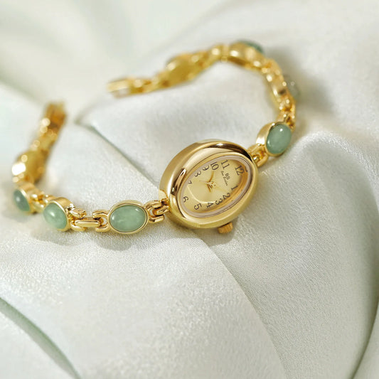 Luckacco 2025 Women quartz Watch Luxury Brand Retro Natural Dongling Stone Hotan Jade Waterproof Ladies Advanced Chain Wristwatches gift