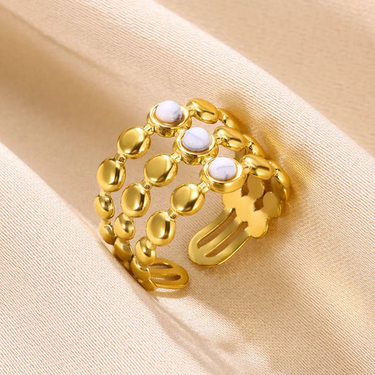 Luckacco Vintage Turquoise Wide Ring for Women Gold Color Stainless Steel Wheat Ear Adjustable Open Ring Fashion Party Jewelry Gift