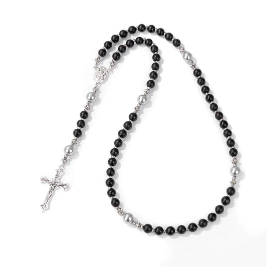Luckacco Catholic Jesus Cross Bracelet Men Religious Prayer Rosary Bangle 50CM Natural African Turquoises Lava Gem Stone Bead Bracelet