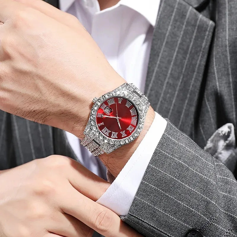 luckacco personalized hip hop watch with shiny rhinestones for men, luxury clock, band length, iced steel belt, 40mm diameter glass dial