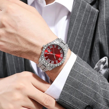 Luckacco Personalized Hip Hop Watch with Shiny Rhinestones for Men, Luxury Clock, Band Length, Iced Steel Belt, 40mm Diameter Glass Dial