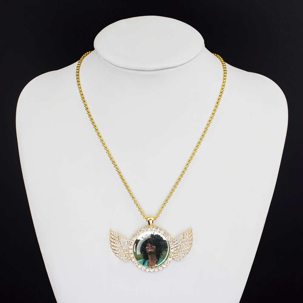 luckacco custom necklace personalized photo picture angel wings rhinestone pendant chains necklaces creative fashion hip hop jewelry gift
