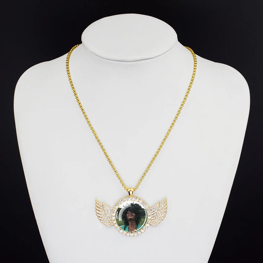 Luckacco Custom Necklace Personalized Photo Picture Angel Wings Rhinestone Pendant Chains Necklaces Creative Fashion Hip Hop Jewelry Gift