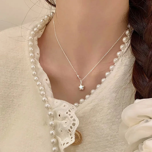 Luckacco New 925 Sterling Silver Star Shape Necklace Simple Charm Personality Woman Pendant Choker Birthday Gift Exquisite Jewelry