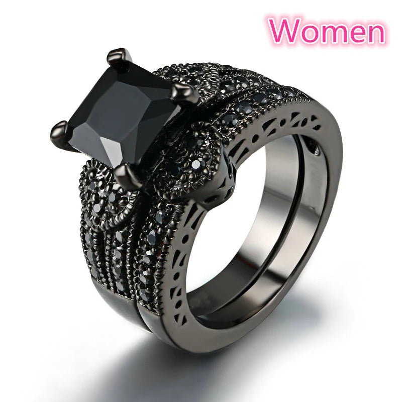 luckacco fashion couple rings romantic white rhinestones cz women rings set simpe men's stainless steel rings for couple wedding jewelry