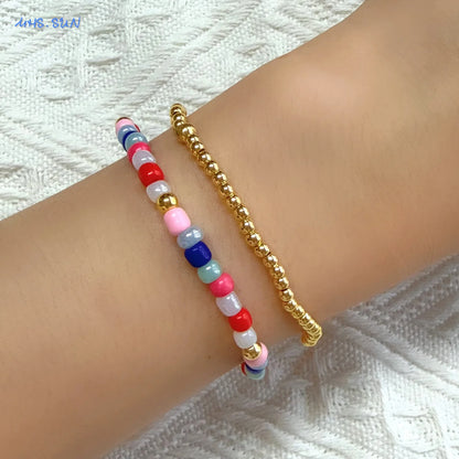 Luckacco MHS.SUN New Bohemian Gold Plated Metal Beaded Bracelets Colorful Rice Beads Bracelet Birthday Party Jewelry For Women Men