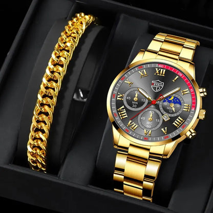 Luckacco 2PCS Fashion Mens Calendar Watches Luxury Male Stainless Steel Quartz Wristwatch Luminous Clock Men Bracelet Wrist Watch