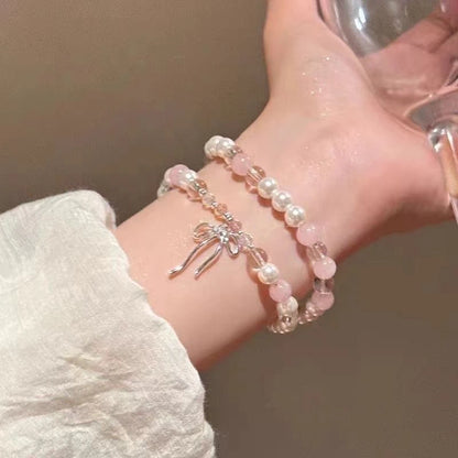Luckacco Cute Pink Beaded Imitation Pearl Bracelet For Women Girl Elegant Y2k Sweet Korean Charm Bowknot Bow Jewelry Party Gifts