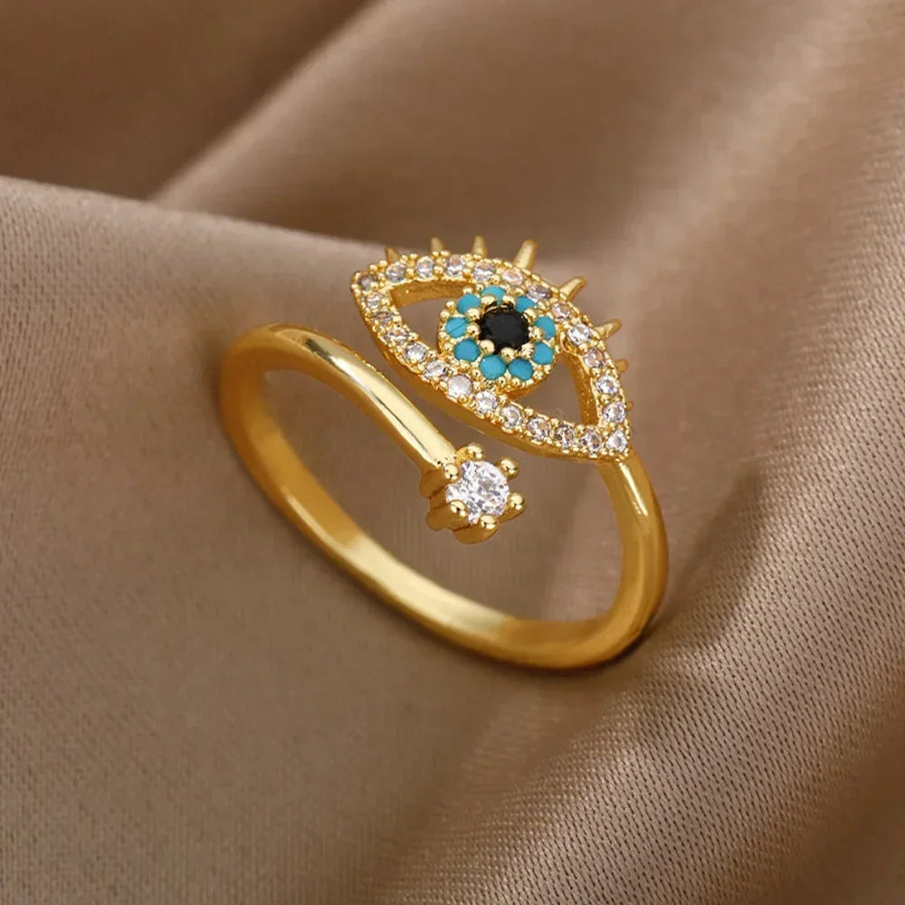 luckacco silver plated evil eye rings for women stainless steel turkish zircon demon eye couple ring vintage emo jewelry anillos mujer